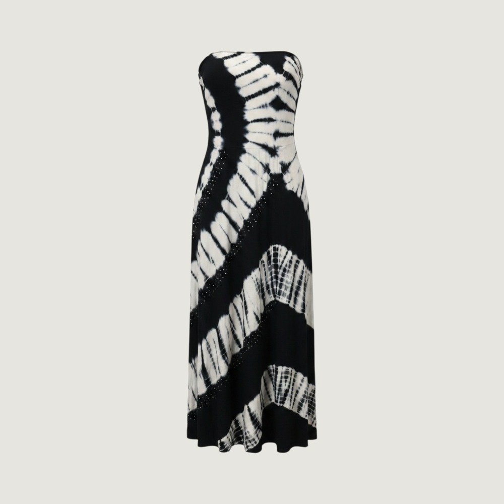 Black‎ White Tie Dye Rhinestone Convertible Maxi Dress Skirt Medium Beach Boho